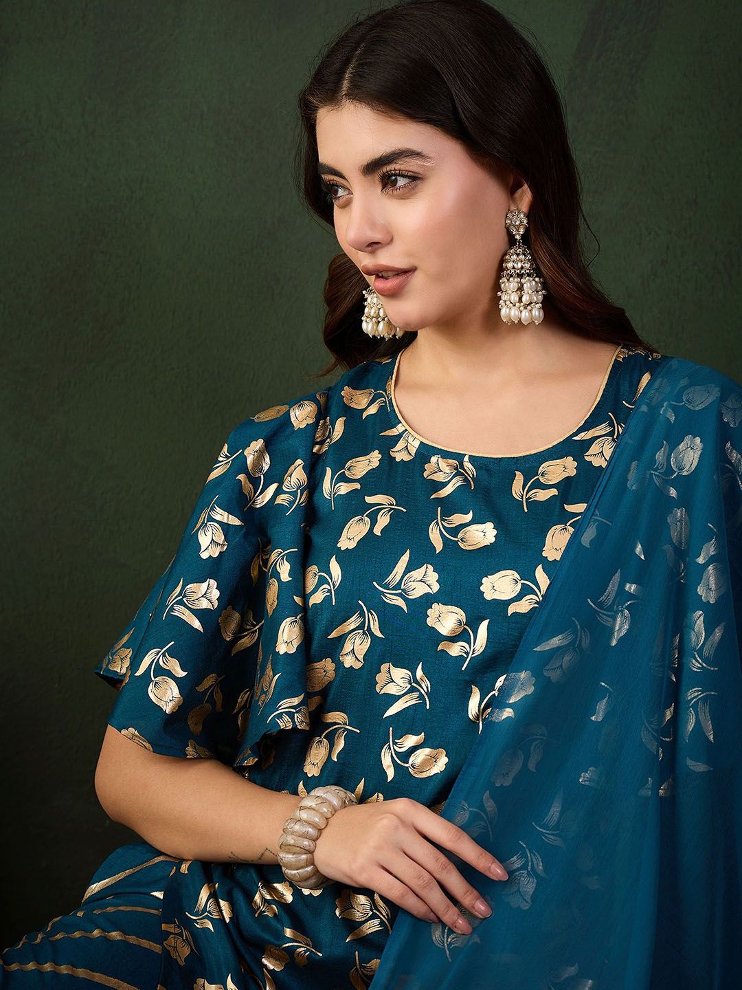 Sangria Embroidered Kurta & Palazzo With Dupatta | Grocsy