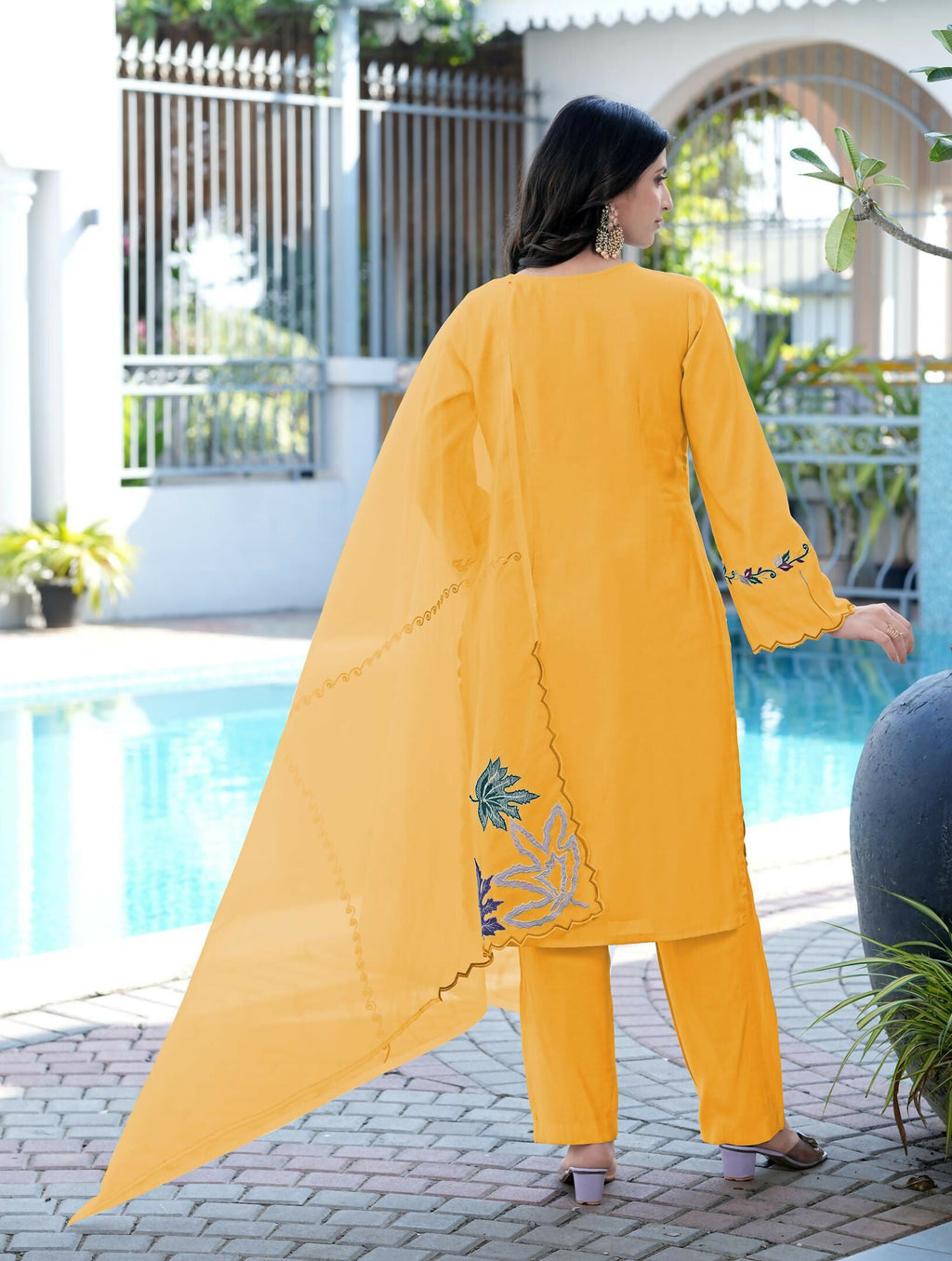 Nikhaar Yellow Embroidered Art Silk Stitched Straight Cut Kurta Pants Dupatta Readymade Suit | Grocsy