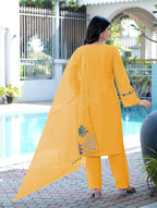 Nikhaar Yellow Embroidered Art Silk Stitched Straight Cut Kurta Pants Dupatta Readymade Suit | Grocsy