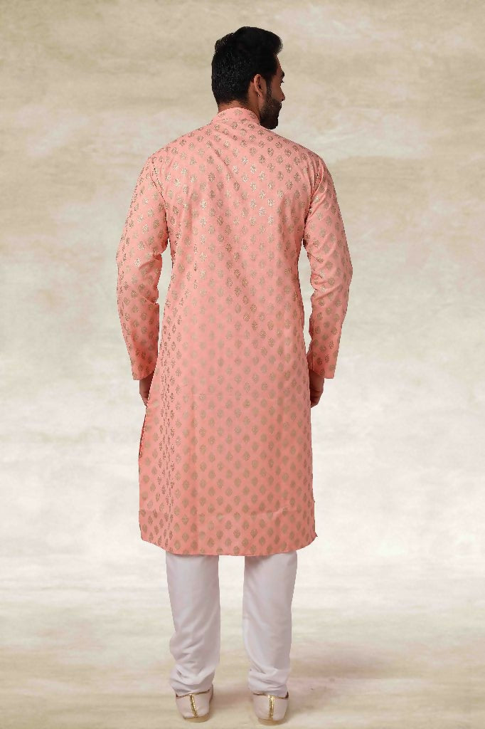 Raivat Ethnic Cotton Printed Work Kurta Pajama In Peach Colour | Grocsy