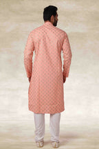 Raivat Ethnic Cotton Printed Work Kurta Pajama In Peach Colour | Grocsy