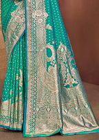 Sangam Prints Teal Green Silk Woven Work Traditional Saree | Grocsy