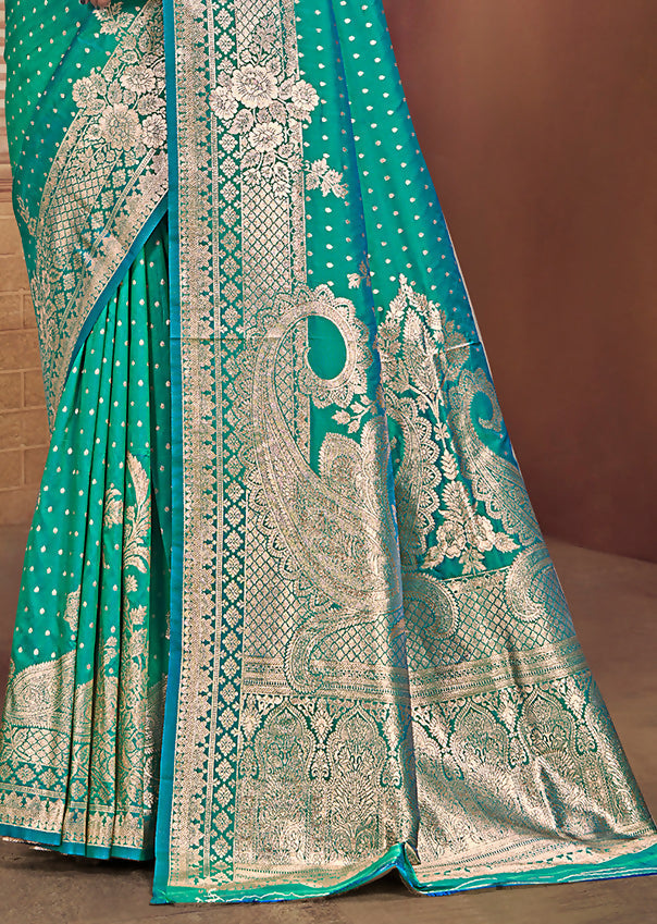 Sangam Prints Teal Green Silk Woven Work Traditional Saree | Grocsy