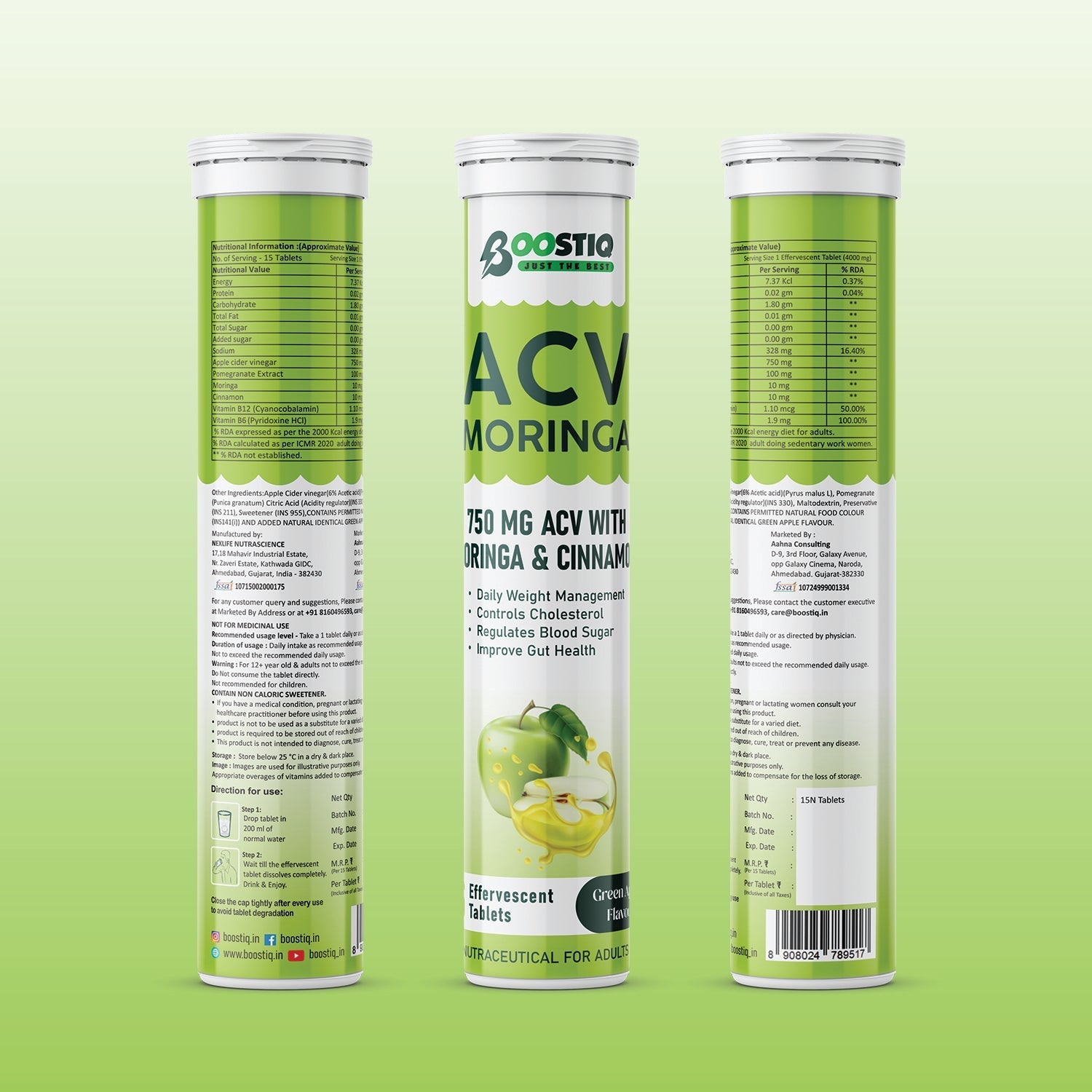 BOOSTIQ Apple Cider Vinegar With Moringa Effervescent Tablets - Green Apple Flavour | Grocsy