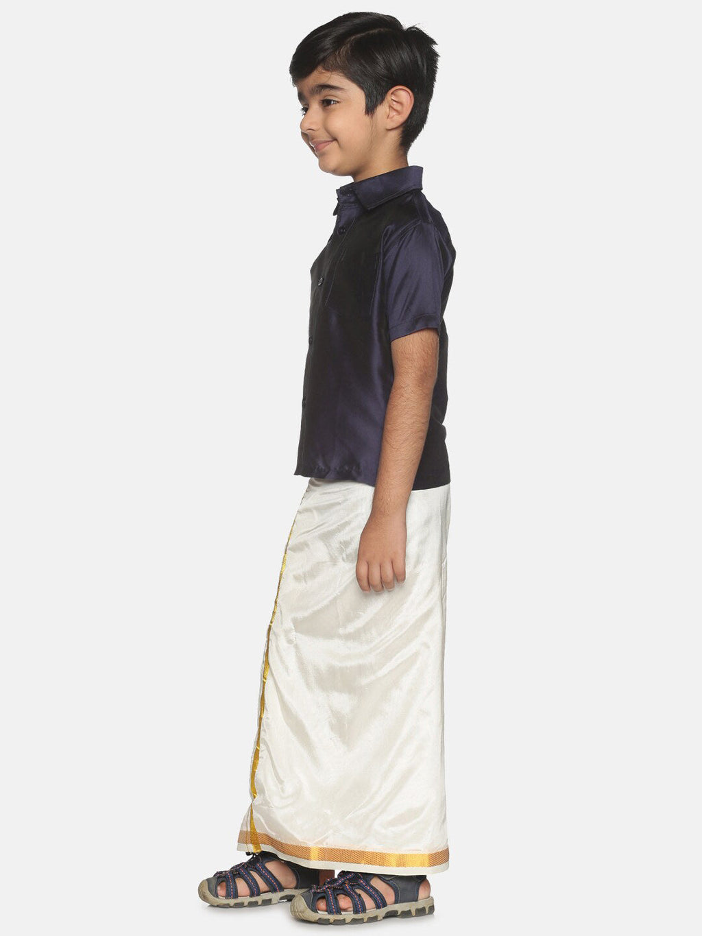 Sethukrishna Boys Navy Blue & White Shirt with Dhoti Set | Grocsy