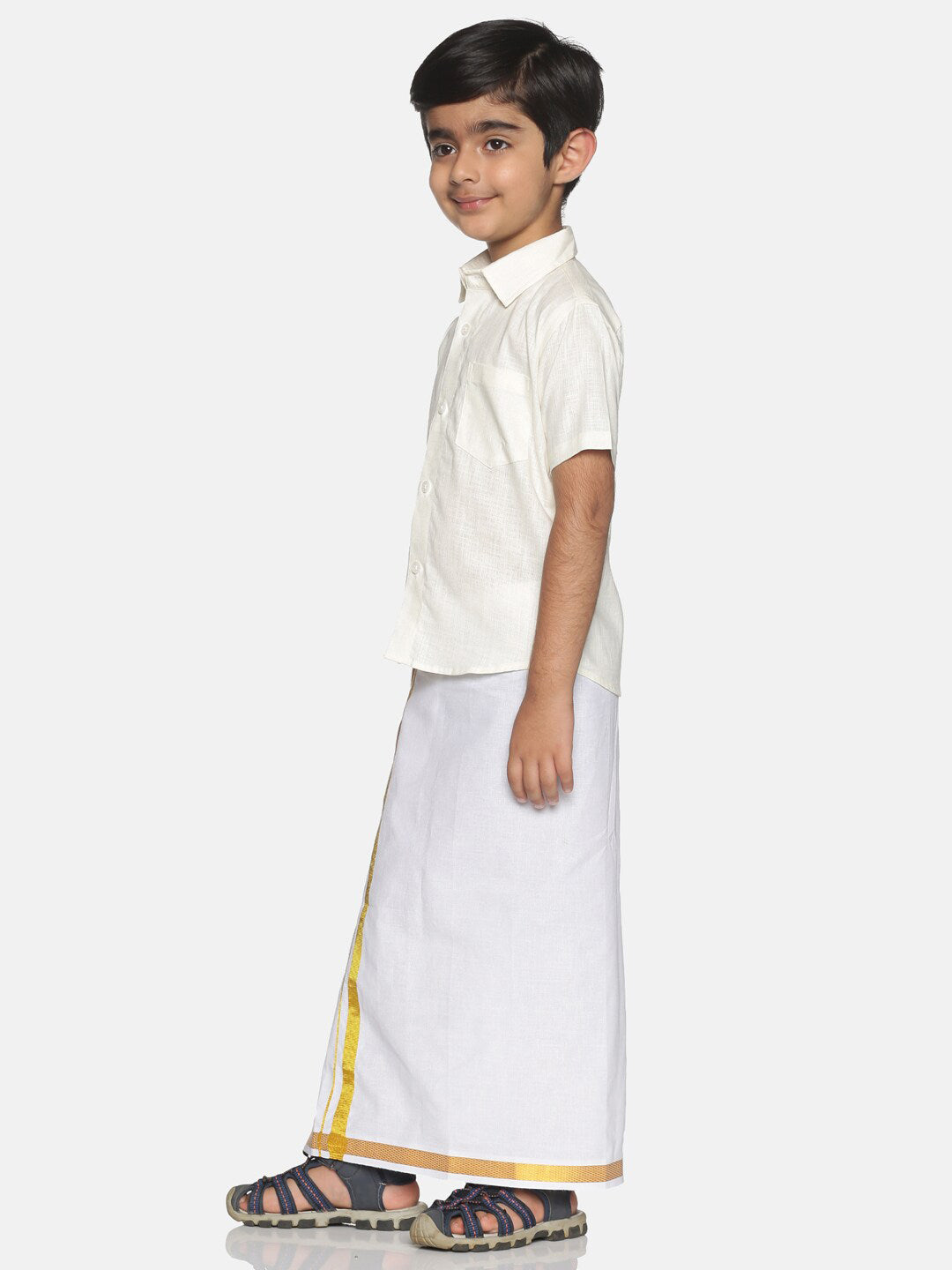 Sethukrishna Boys Cream-Coloured & White Solid Shirt and Veshti Set | Grocsy