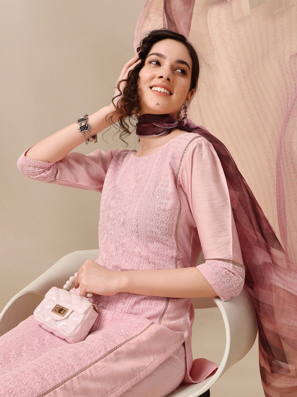 HERE&NOW Lucknowi Chikankari Schiffli Chanderi Silk Kurta Trousers with Organza Dupatta | Grocsy