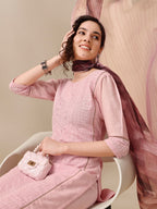 HERE&NOW Lucknowi Chikankari Schiffli Chanderi Silk Kurta Trousers with Organza Dupatta | Grocsy