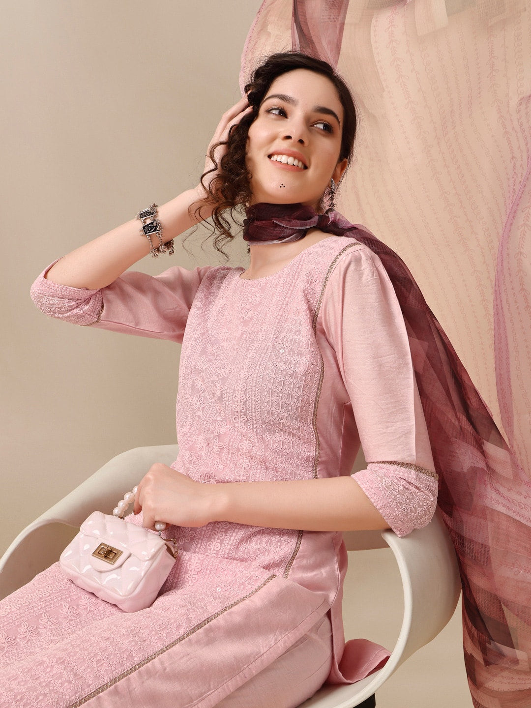 HERE&NOW Lucknowi Chikankari Schiffli Chanderi Silk Kurta Trousers with Organza Dupatta | Grocsy