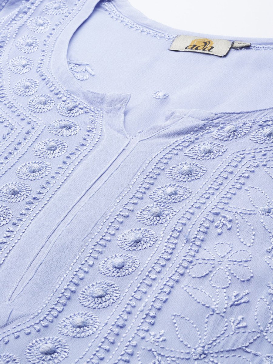 ADA Women Blue & Blue Ethnic Motifs Embroidered Chikankari Georgette Kurta | Grocsy
