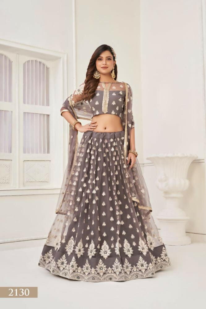Aastha Fashion Space Gray Butterfly Net White Cotton Thread Work And Sequence Work Embroidery Wedding Wear Lehenga Choli | Grocsy