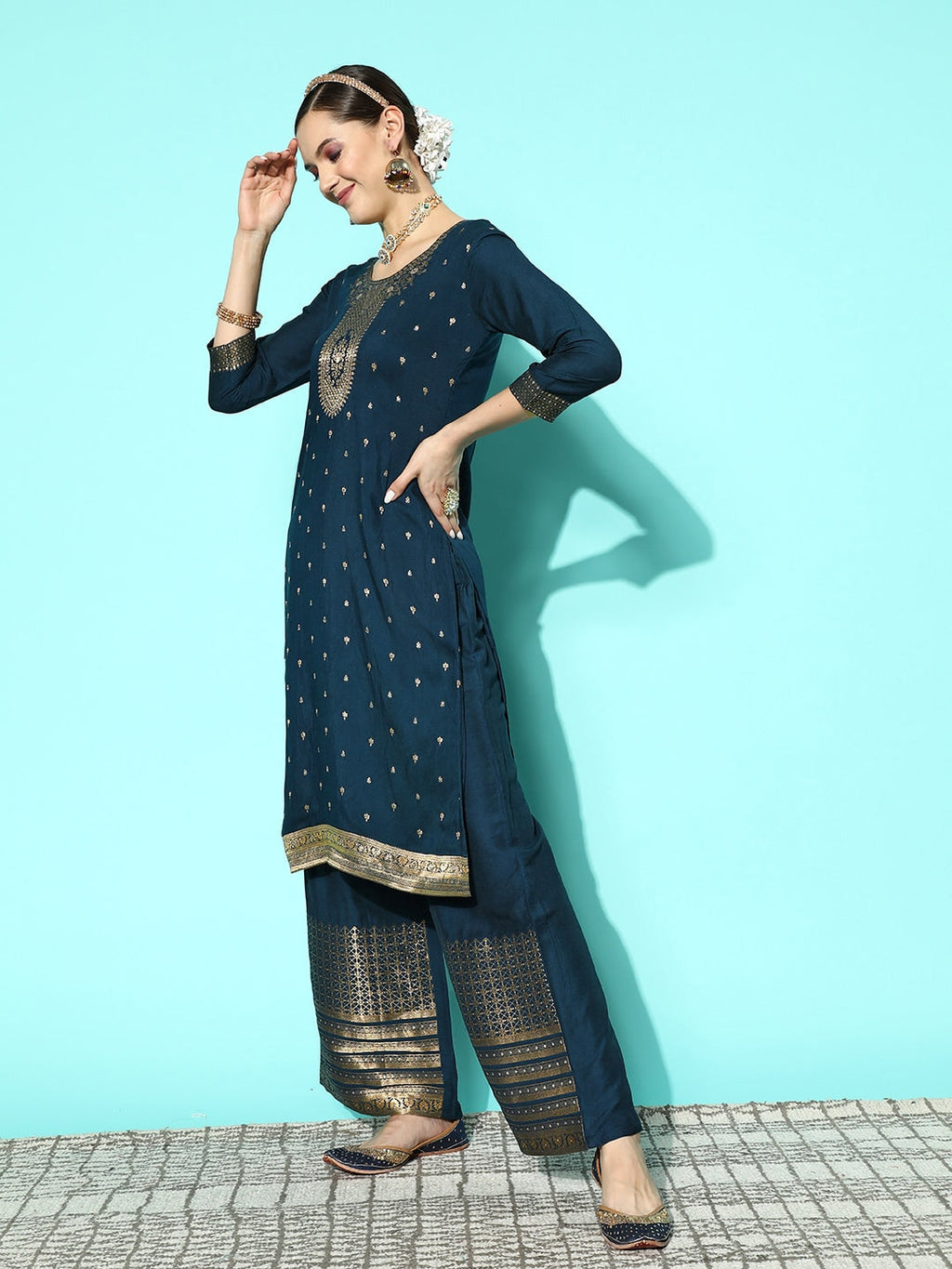 Sangria Women Floral Yoke Design Regular Kurta with Palazzos & With Dupatta | Grocsy