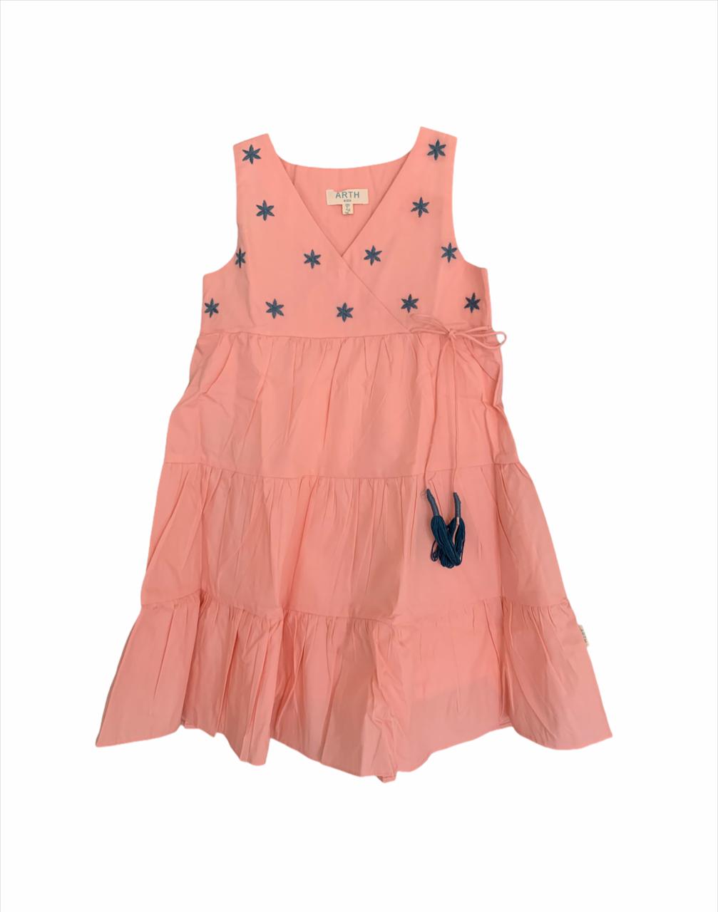 ArthLife Peach Flower Embroidered Tiered Dress | Grocsy