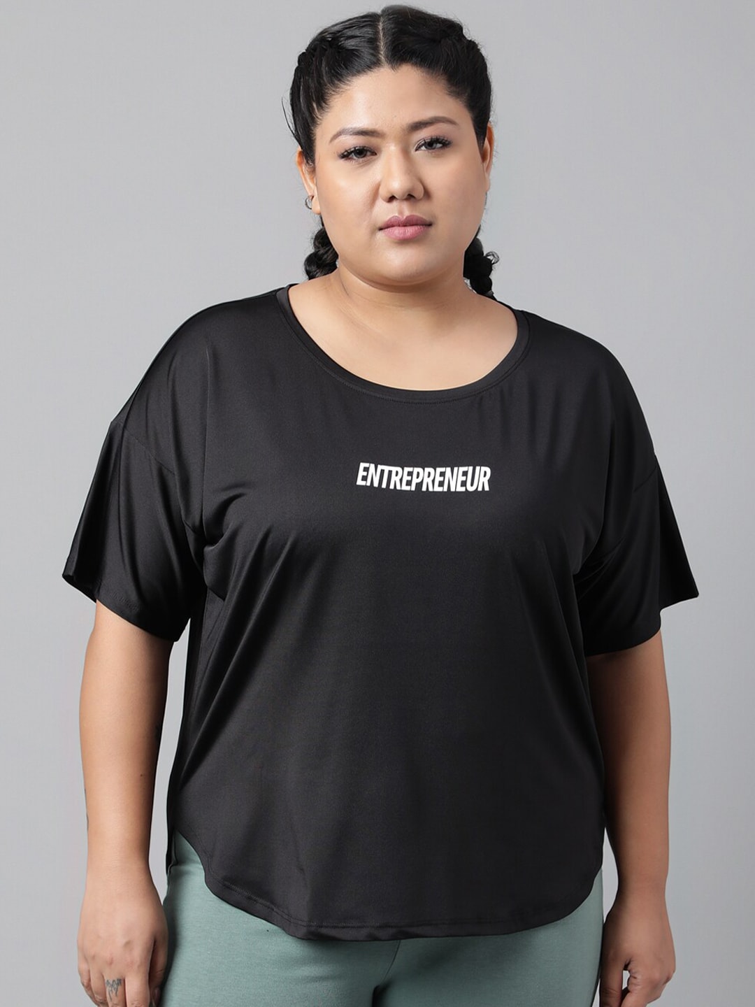 MKH Women Plus Size Typography Printed Drop shoulder Sleeves Dri-FIT Relaxed Fit T-shirt | Grocsy