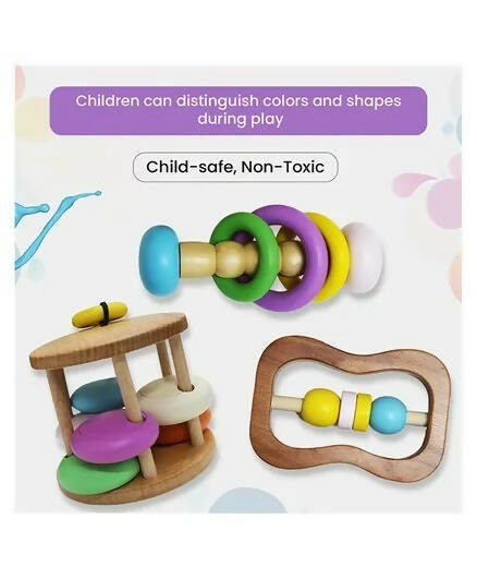 Matoyi Colorful Wooden Rattles For Babies - Set of 3 | Grocsy