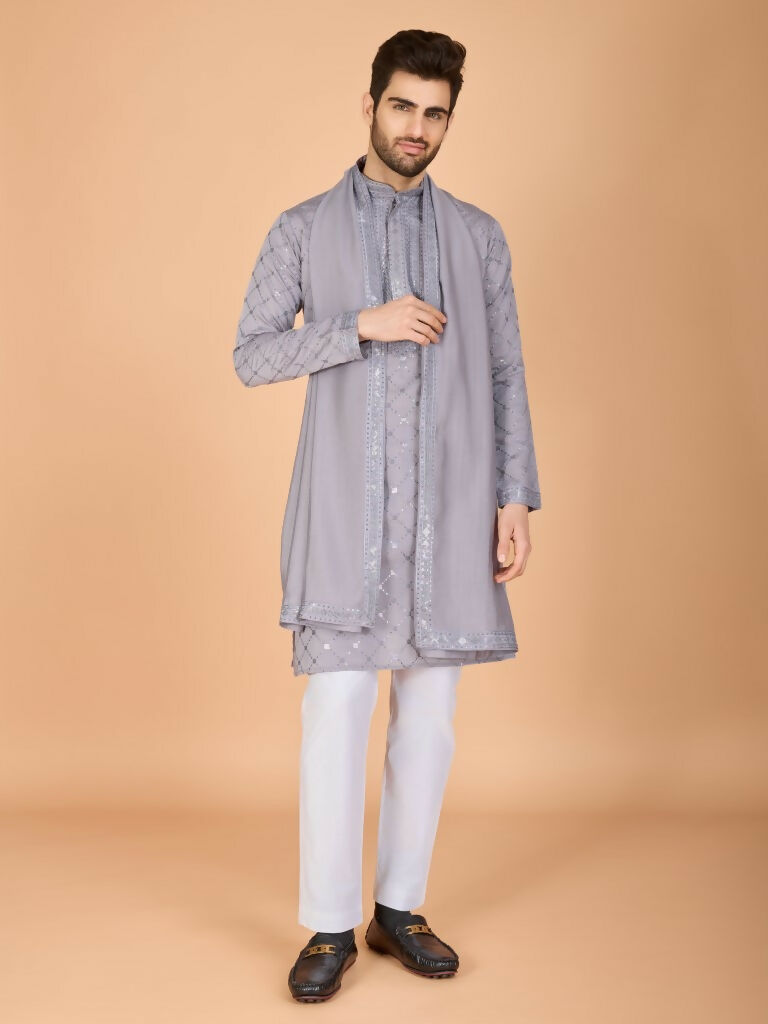 Vastranavya Grey Exclusive Festival Wear Viscose Silk Thread with Sequence Embroidered Work Kurta with Dupatta | Grocsy