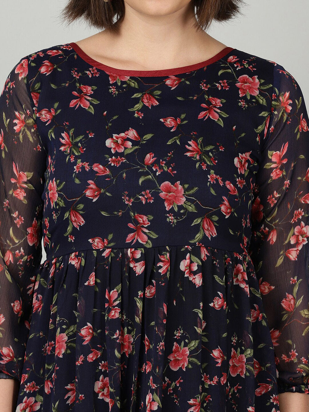 Souchii Women Navy Blue & Red Floral Chiffon A-Line Tiered Dress | Grocsy