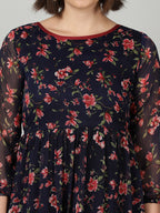 Souchii Women Navy Blue & Red Floral Chiffon A-Line Tiered Dress | Grocsy