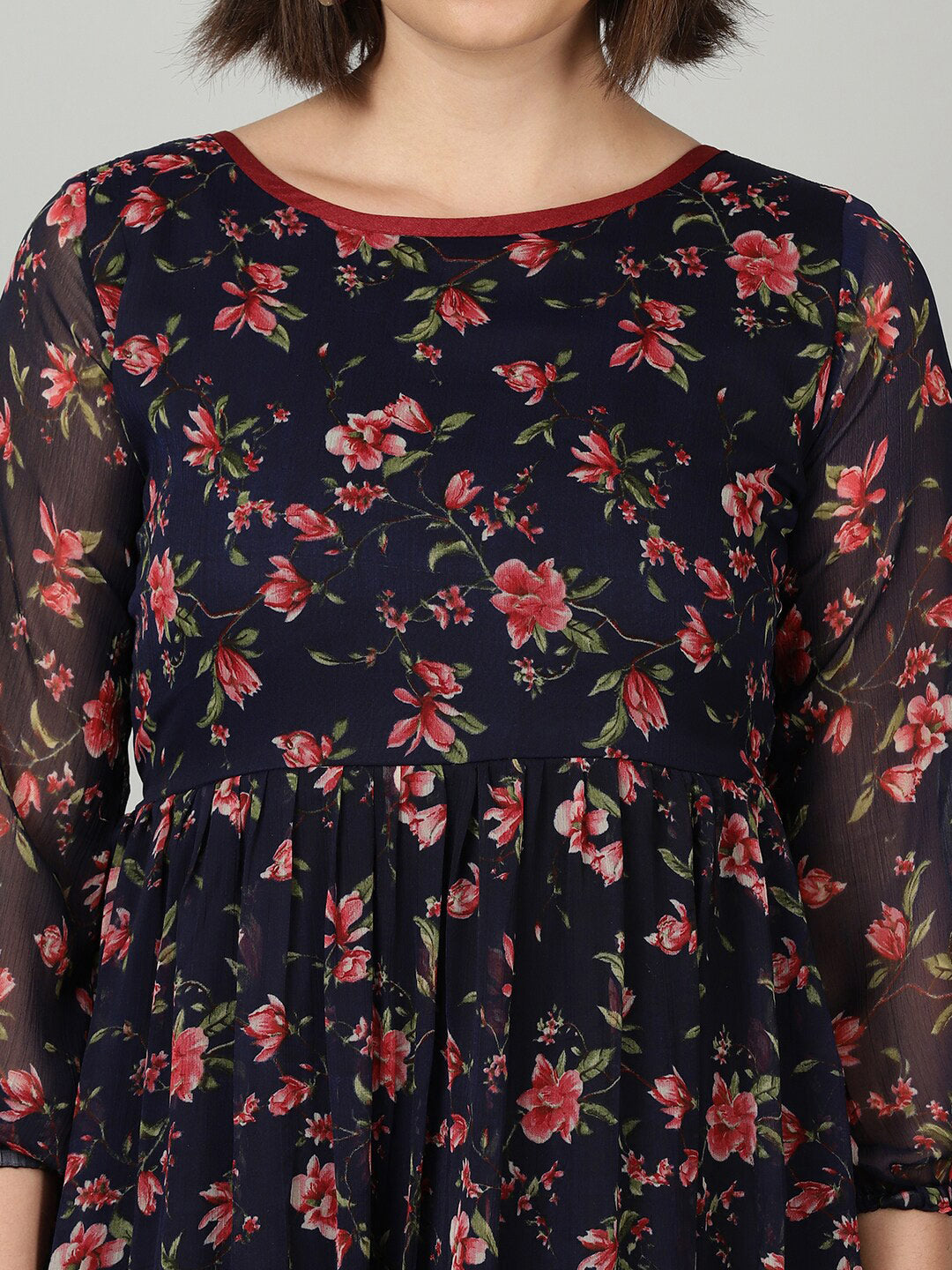 Souchii Women Navy Blue & Red Floral Chiffon A-Line Tiered Dress | Grocsy