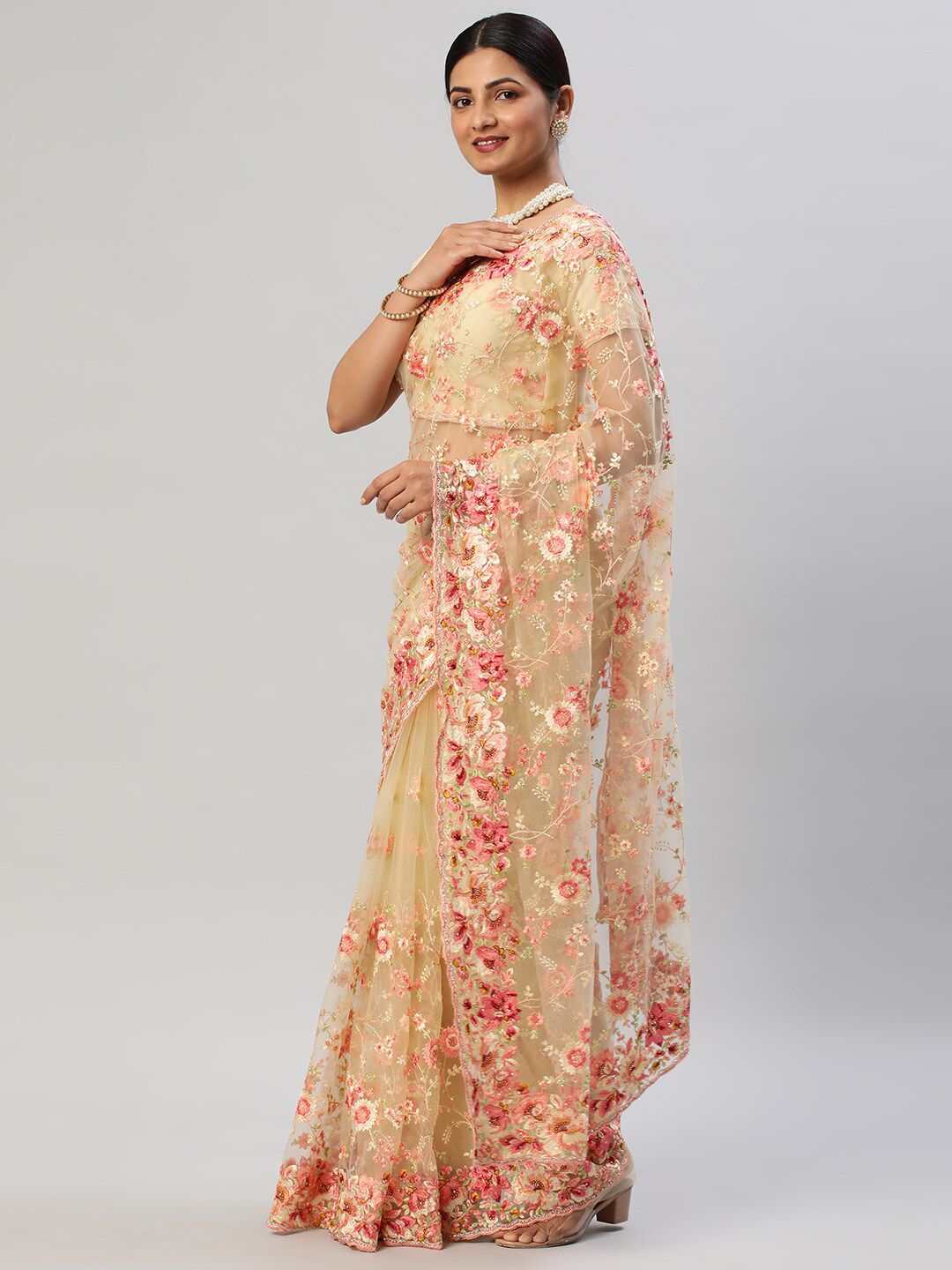 kasee Floral Embroidered Net Saree | Grocsy