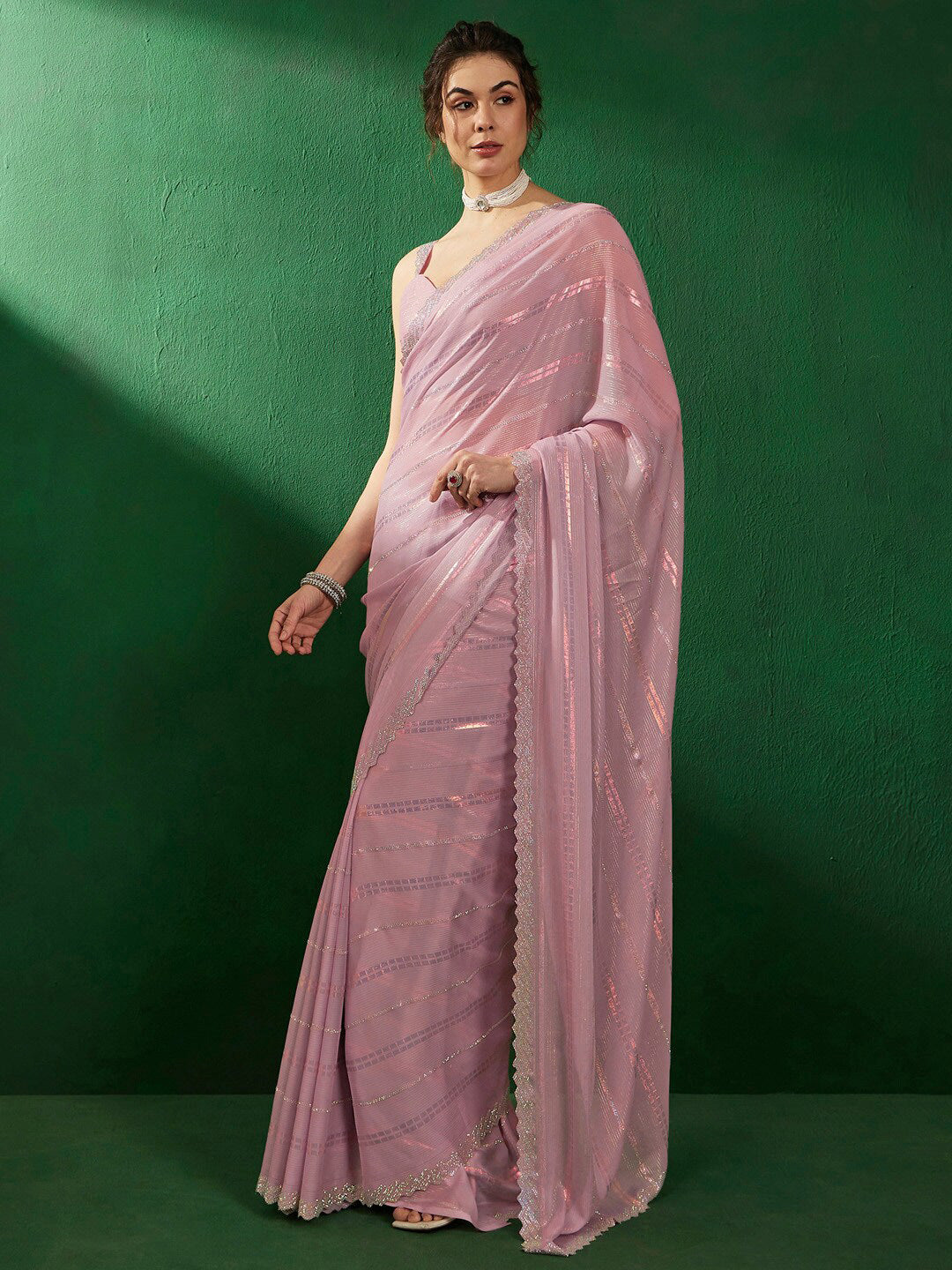 Sangria Striped Embellished Saree | Grocsy