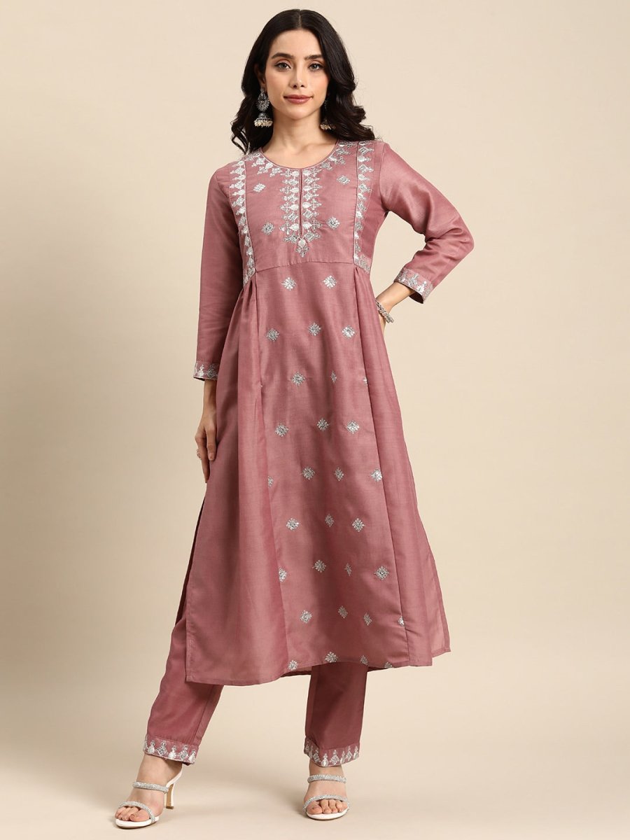 All About You Ethnic Motifs Embroidered Pleated Sequinned Kurta with Trousers | Grocsy