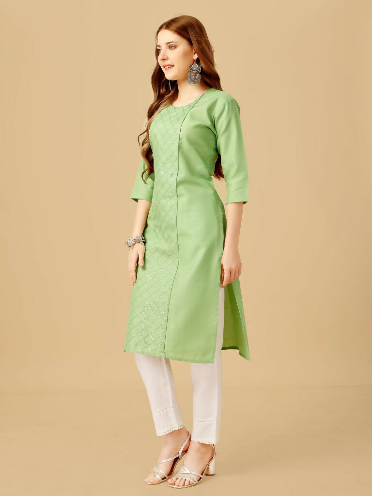 Jyoti Fashion Women's Lime Green Cotton Blend Embroidered Kurta Pant Set | Grocsy