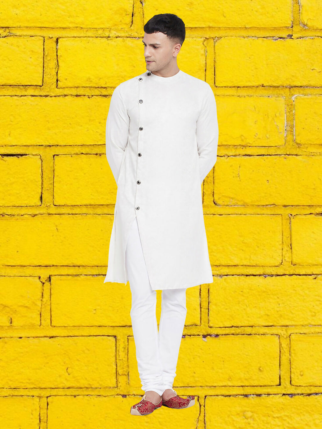 Even Apparels Men's Asymetrical White Sherwani Kurta | Grocsy