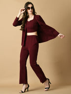 Myshka Women's Magenta Solid Coat With Trousers | Grocsy