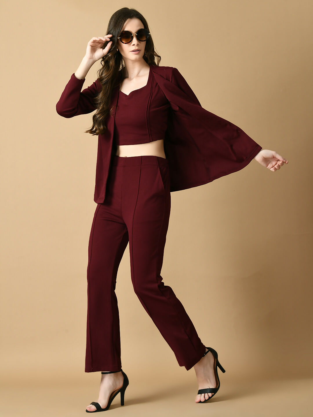Myshka Women's Magenta Solid Coat With Trousers | Grocsy