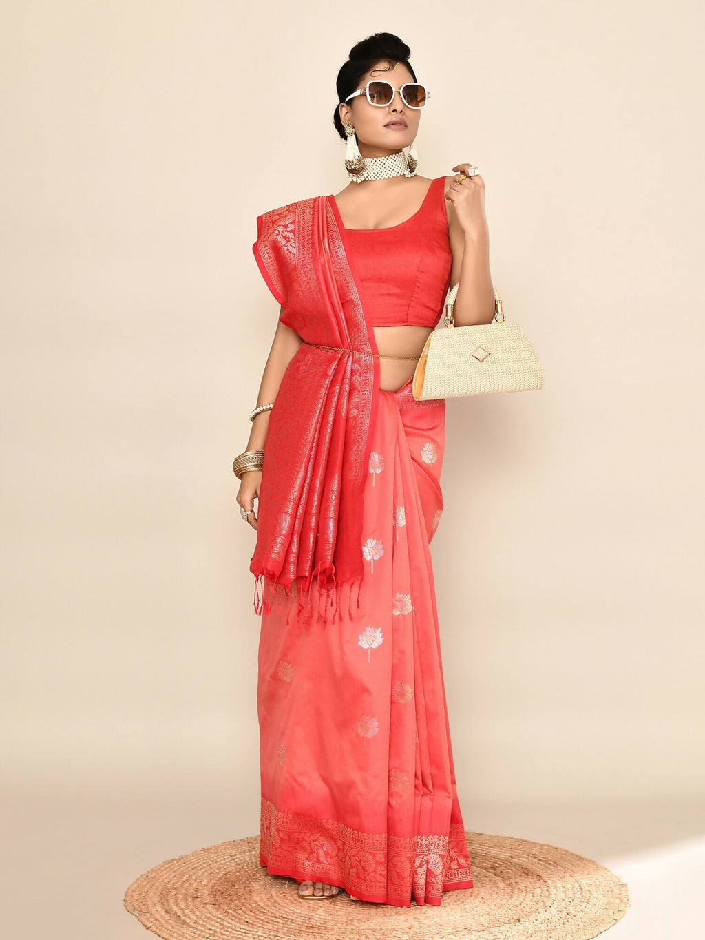 Joban Fashion Peach & Red Plain With Weaving Border Banarasi Silk Sarees | Grocsy