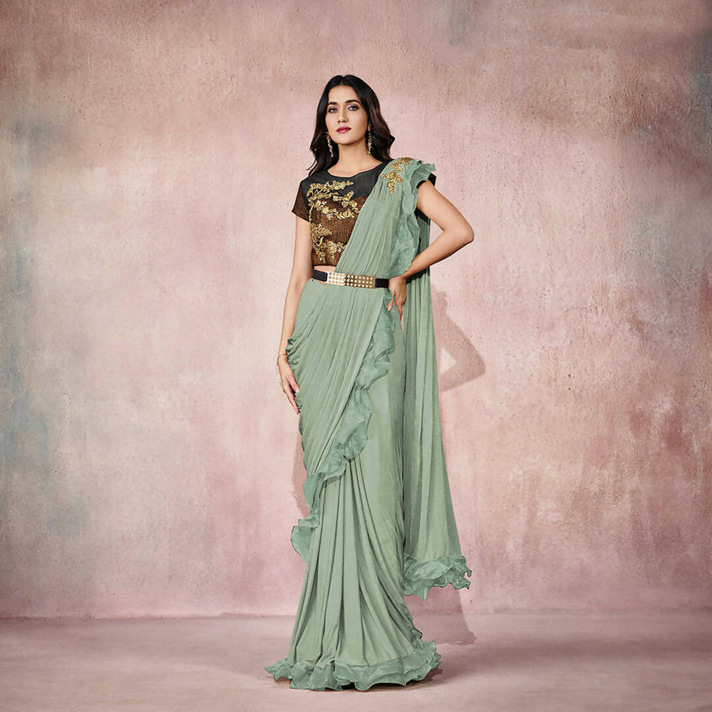 Sea Green Lycra Embroidery Designer Saree With Blouse - Mohmanthan Sitaarah | Grocsy