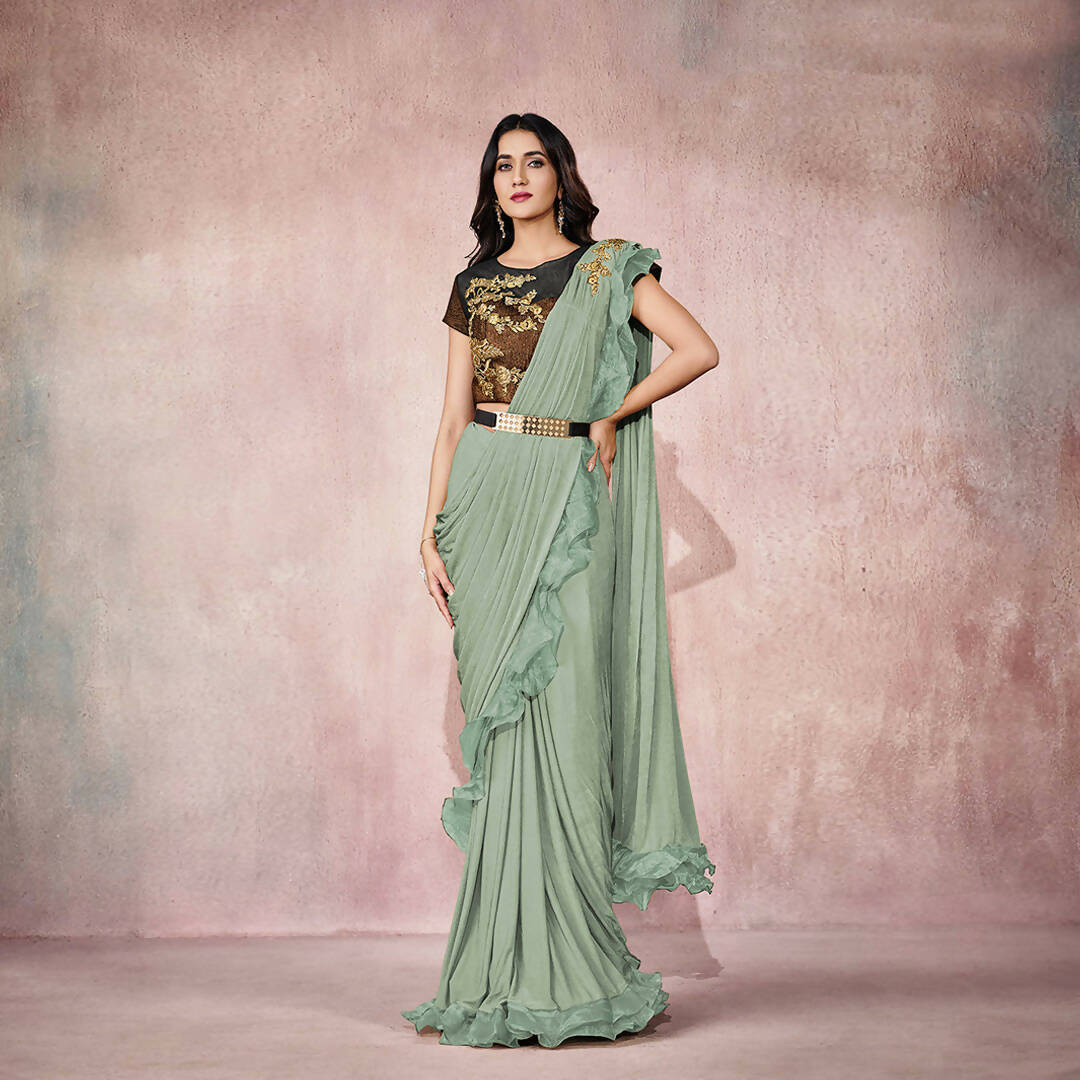 Sea Green Lycra Embroidery Designer Saree With Blouse - Mohmanthan Sitaarah | Grocsy