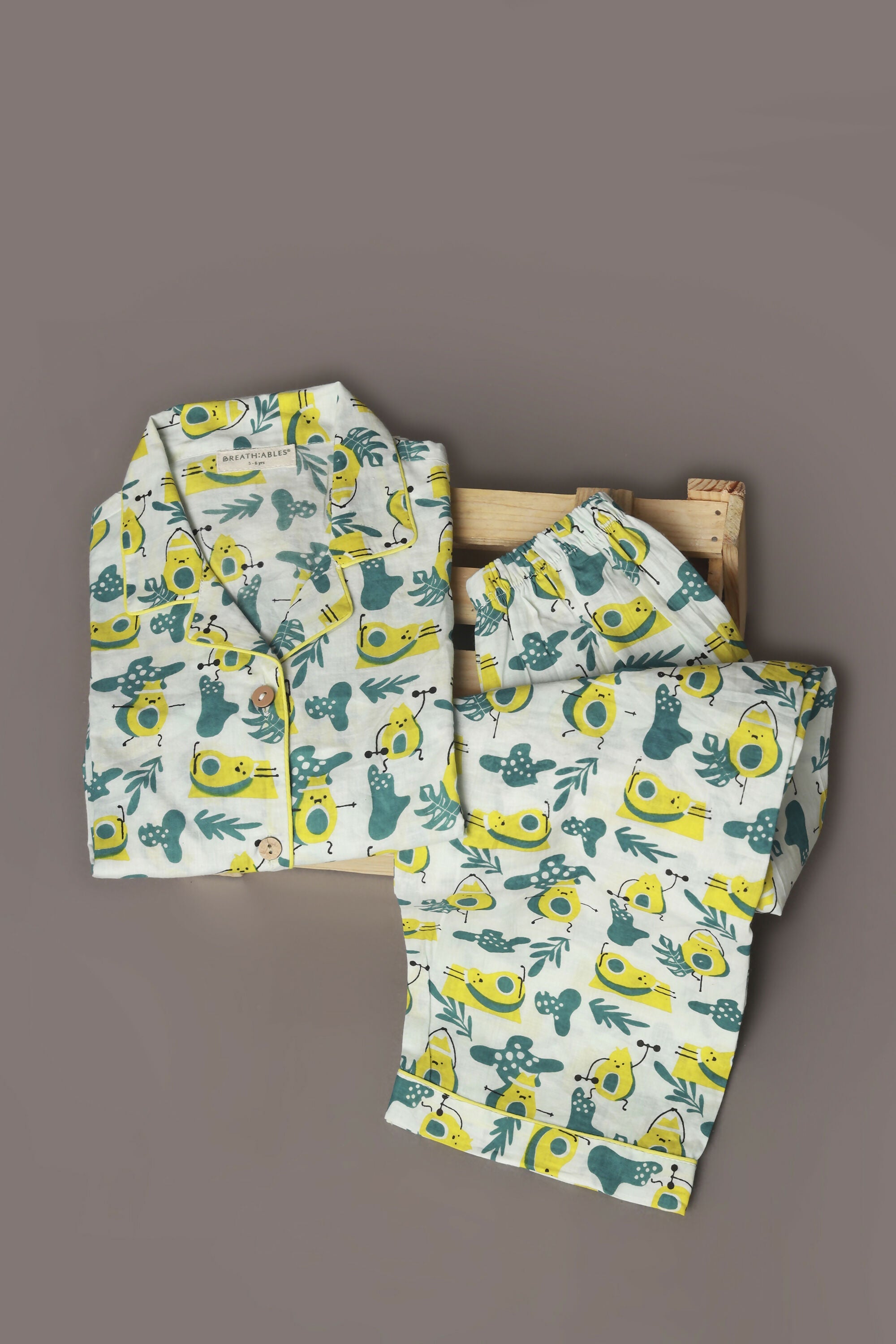 Breathables Kids Cotton Night Suit – White Avocado Print Shirt & Pyjama Co-Ord Set For Boys & Girls | Grocsy