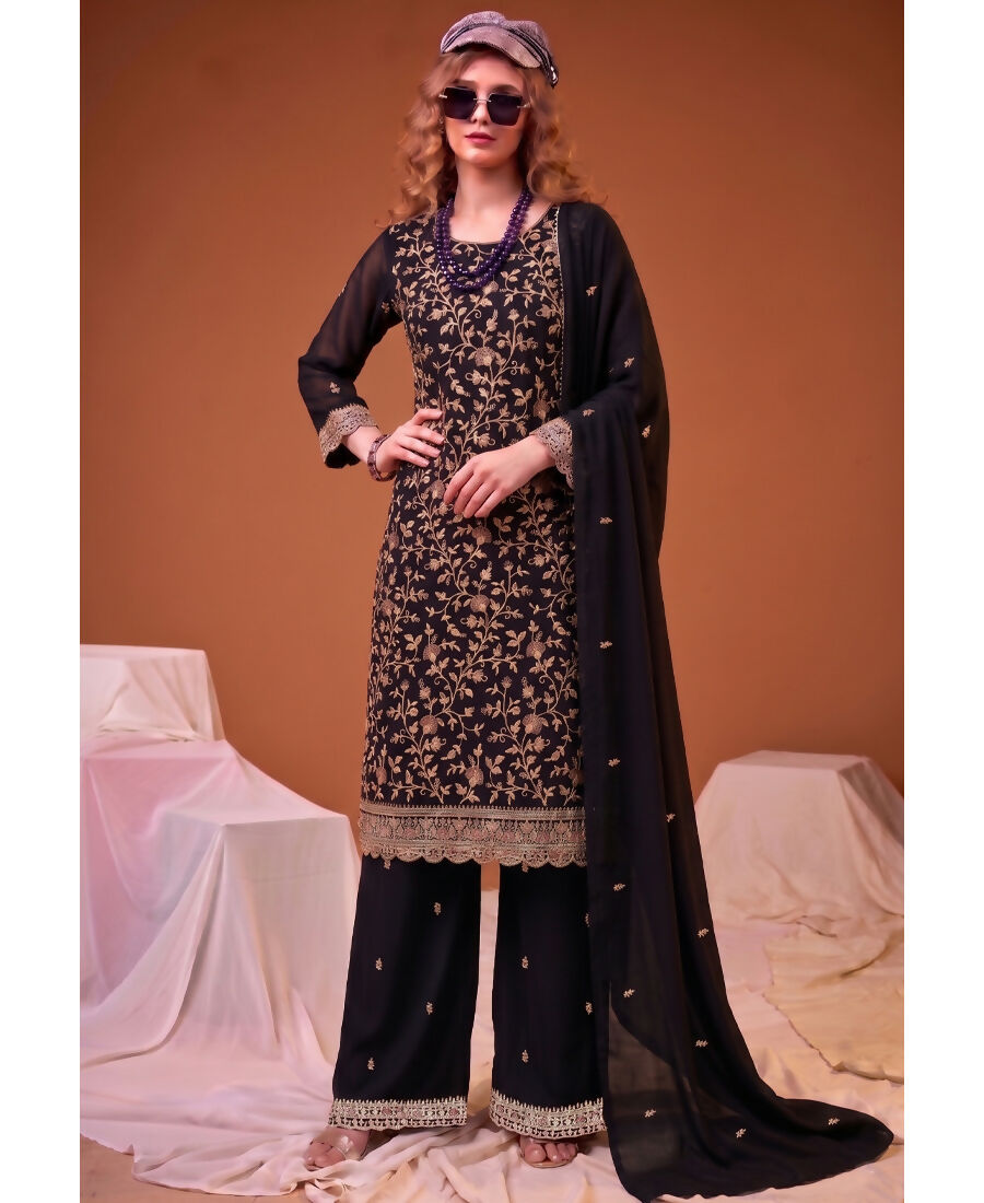 KC Black Straight Suit For Women Georgette Fabric | Grocsy