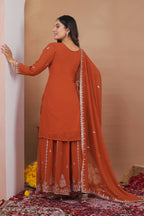 The52 Women's Gorgeous Embroidery Work Fox Georgette Fabric Straight Kurta Sharara and Dupatta Set | Grocsy