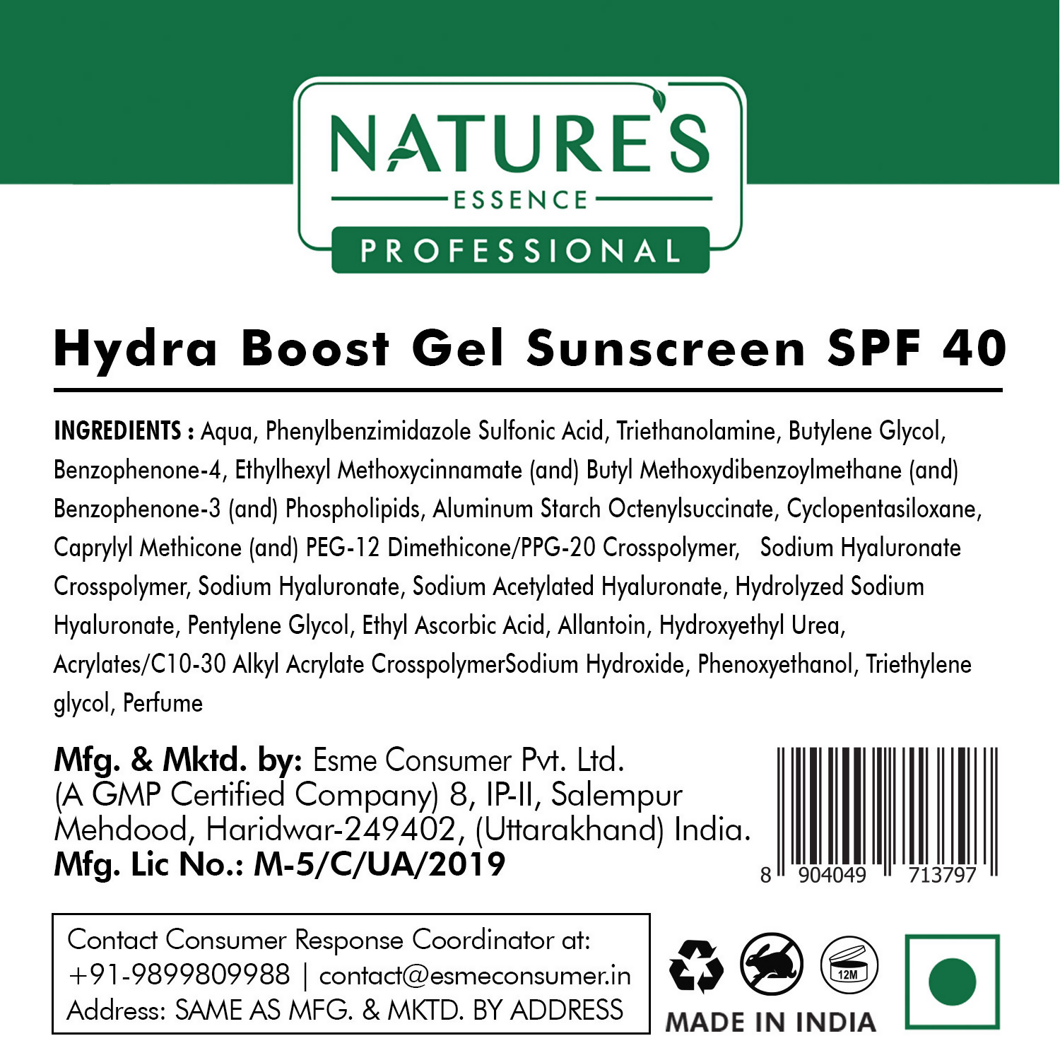 Nature's Essence Professional Hydra Boost Gel SunScreen SPF 40 PA+++ | Grocsy
