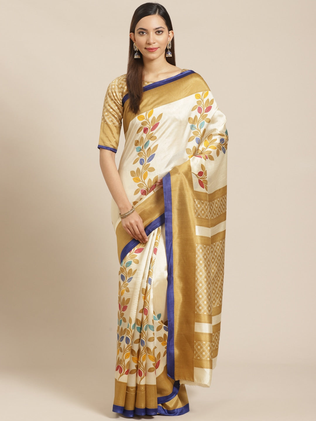 Saree Mall Off-White & Beige Printed Saree | Grocsy