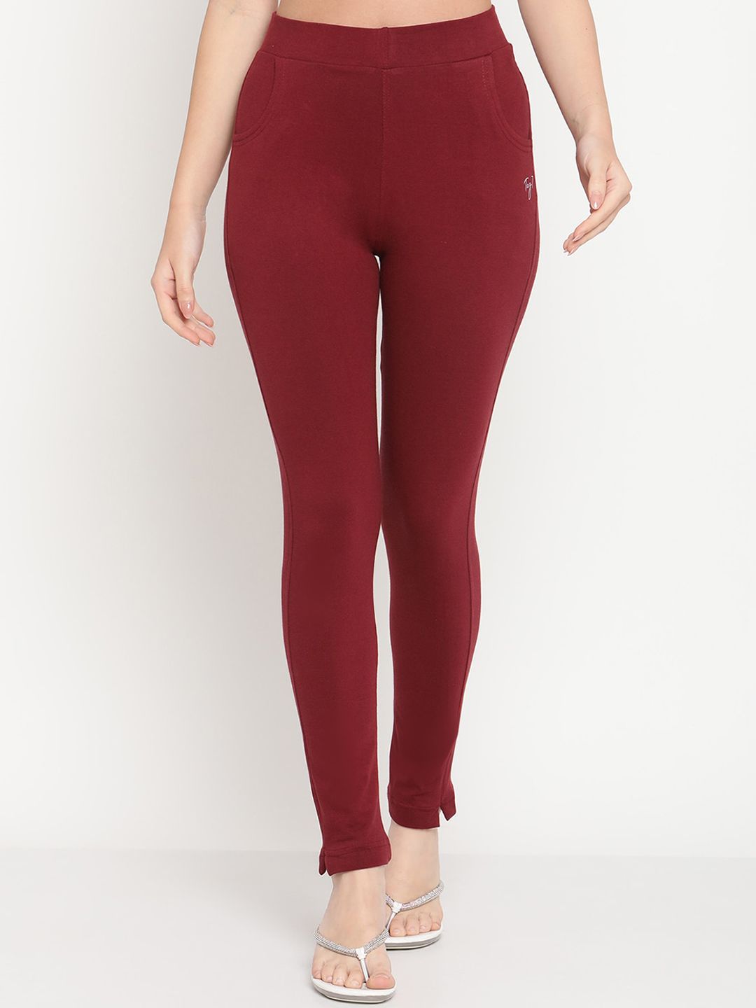 TAG 7 Set Of 2 Maroon & Navy Blue Solid Leggings | Grocsy