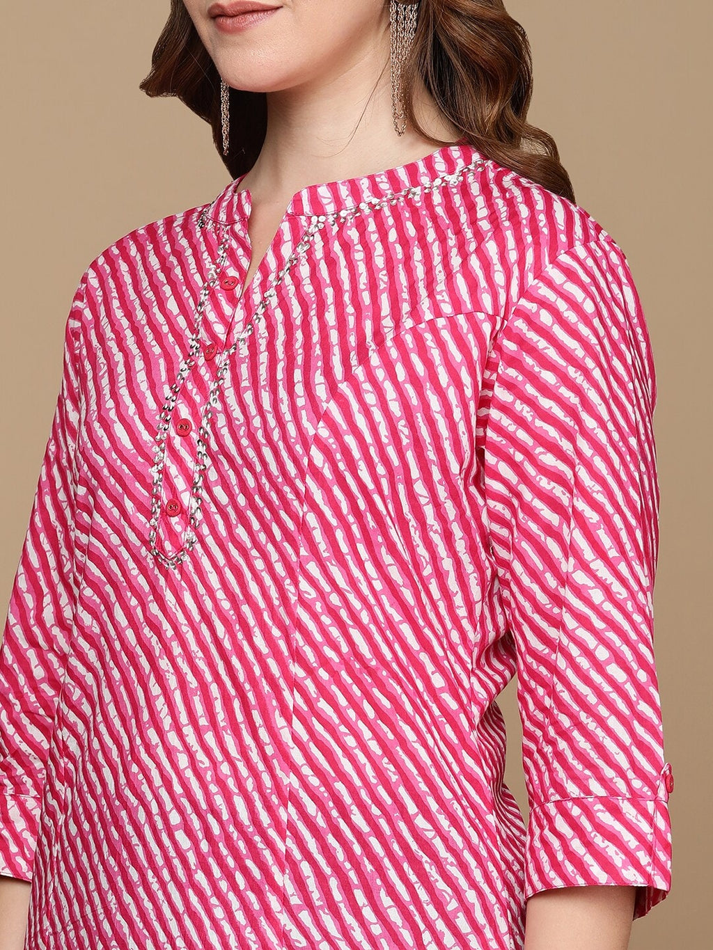 HERE&NOW Pink & White Striped Sequined Straight Cotton Kurta | Grocsy