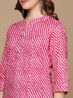 HERE&NOW Pink & White Striped Sequined Straight Cotton Kurta | Grocsy