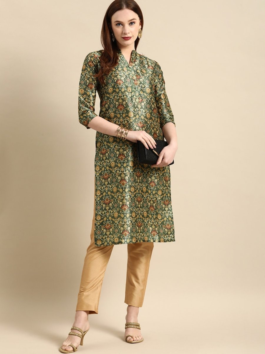 All About You Women Green & Mustard Yellow Ethnic Motifs Print Chanderi Silk Blend Kurta | Grocsy