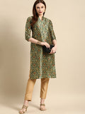 All About You Women Green & Mustard Yellow Ethnic Motifs Print Chanderi Silk Blend Kurta | Grocsy