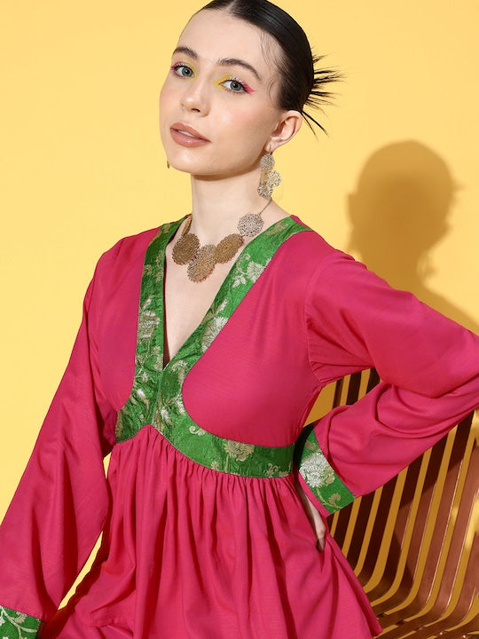 InWeave Women's Fuchsia Green Brocade Mughal Shaan Kurta Palazzo Set | Grocsy