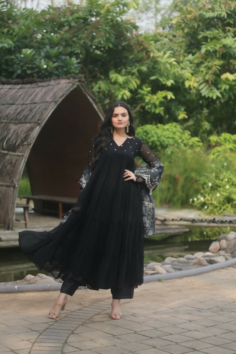 Jyoti Fashion Women's Black Faux Blooming Butti Work Kurta with Trouser & Dupatta | Grocsy