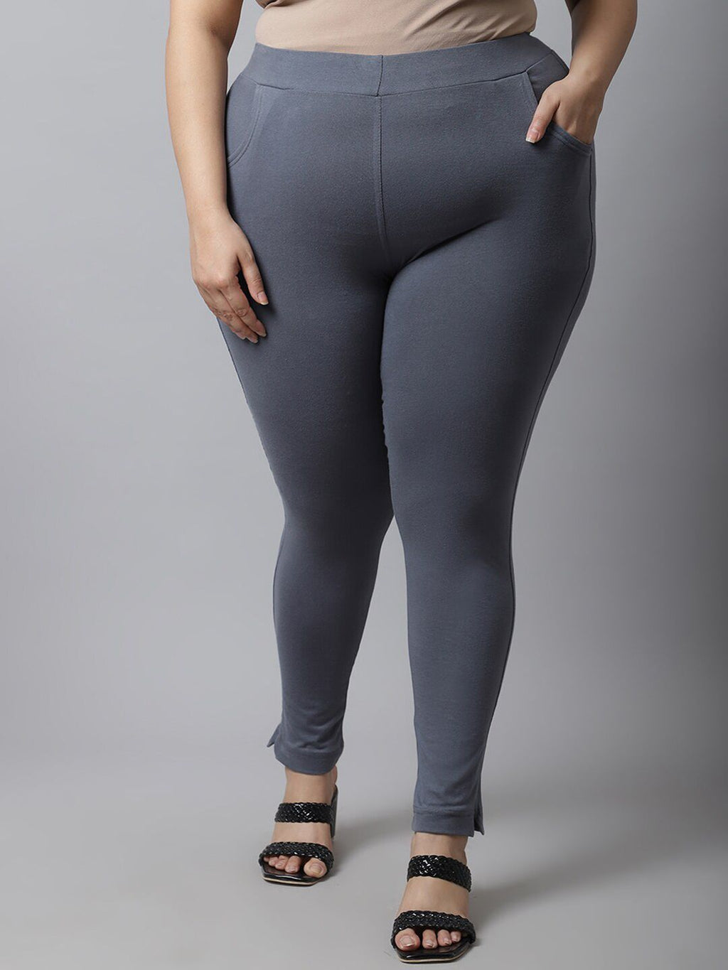 TAG 7 Women Plus size Grey Solid Cotton Ankle-Length Leggings | Grocsy
