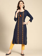 Sangria Women Navy Blue Floral Embroidered Floral Kurta | Grocsy