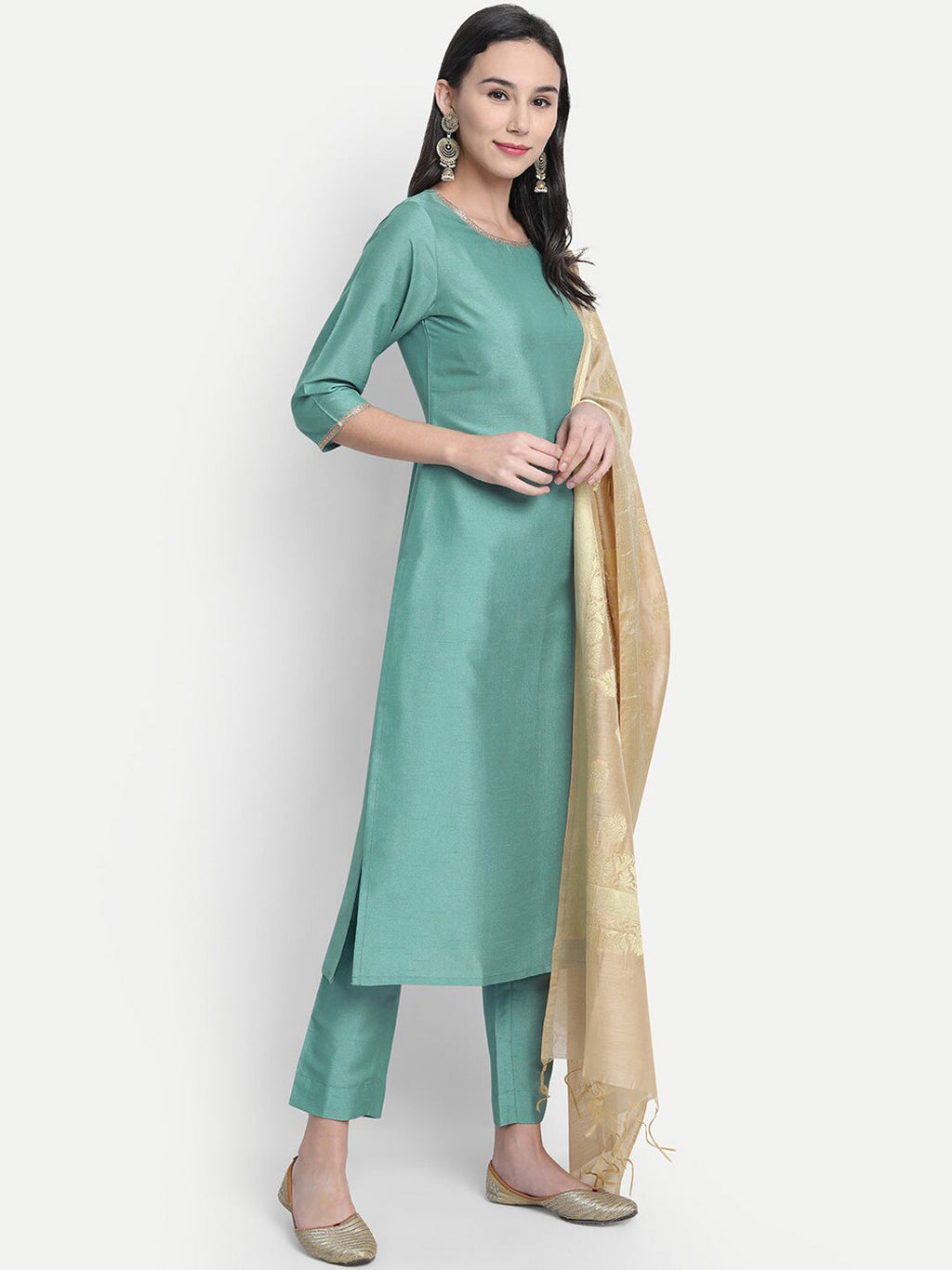 Janasya Women Green Solid Straight Kurta & Trousers With Dupatta | Grocsy