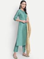 Janasya Women Green Solid Straight Kurta & Trousers With Dupatta | Grocsy