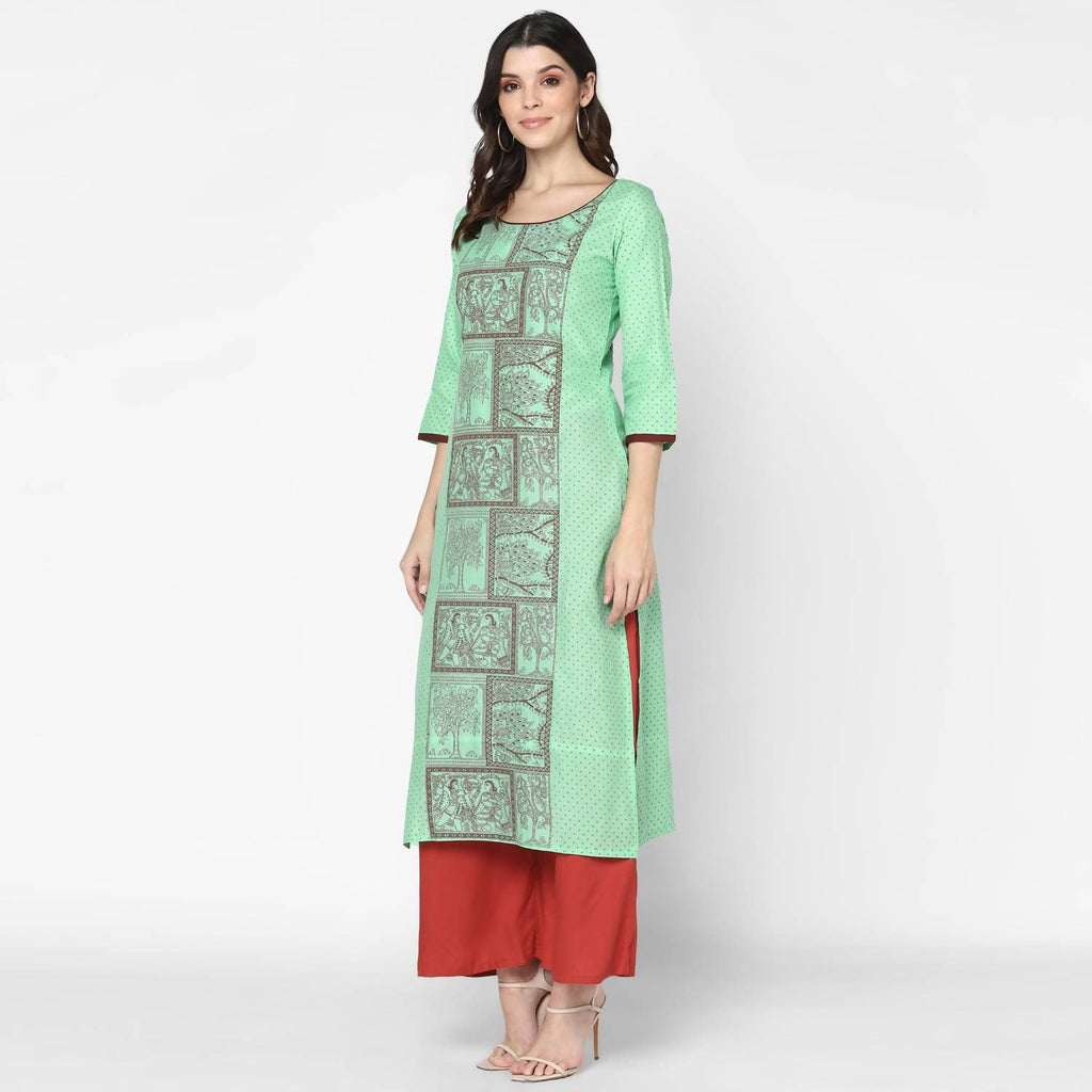 Cheera Hand Block Print Light Green Anarkali Kurta (MAAI-064K) | Grocsy